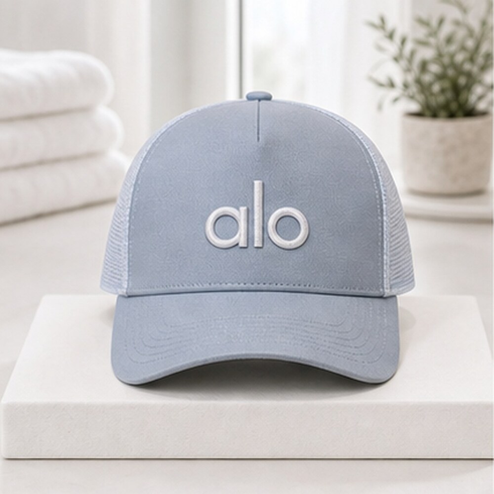ALO Yoga Mist Blue Gray Clean Mesh Trucker Cap Hat OS